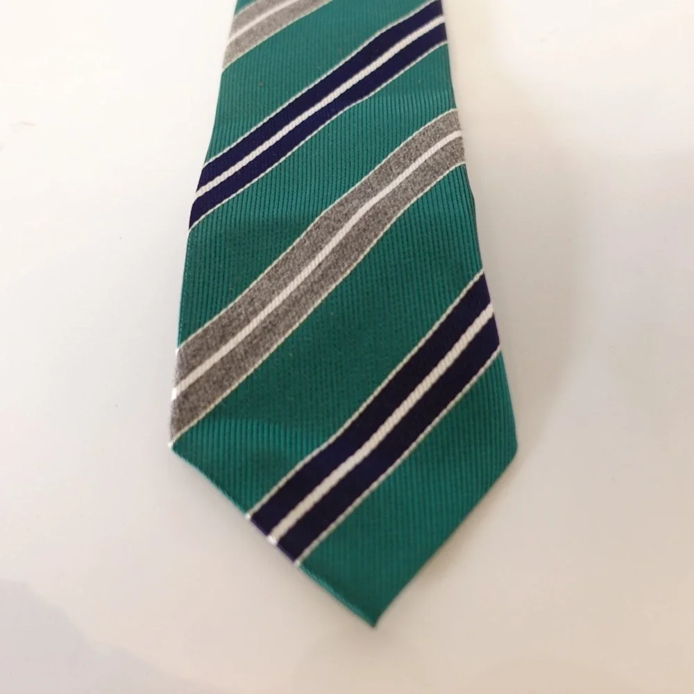 Skinny Tie Boy Green Repp Striped Regimental Dress Preppy Formal Clip On Necktie